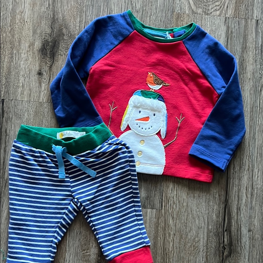 Baby Boden Red and Blue Snowman Top with Striped Blue Pants